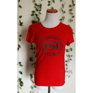 Bebe Women Y2K Top Red Black Logo Rhinestone Stretch Knit Short Sleeve Top M